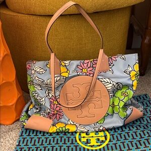 Tory Burch Gray Floral Tote with Tan Accents
